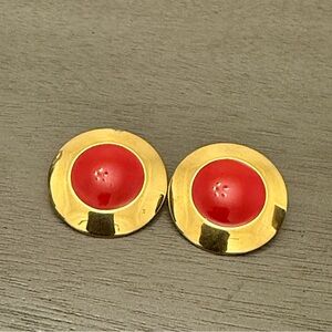 Vintage Monet Gold Tone Red Cabochon Clip Earrings Large Round Disc Statement
